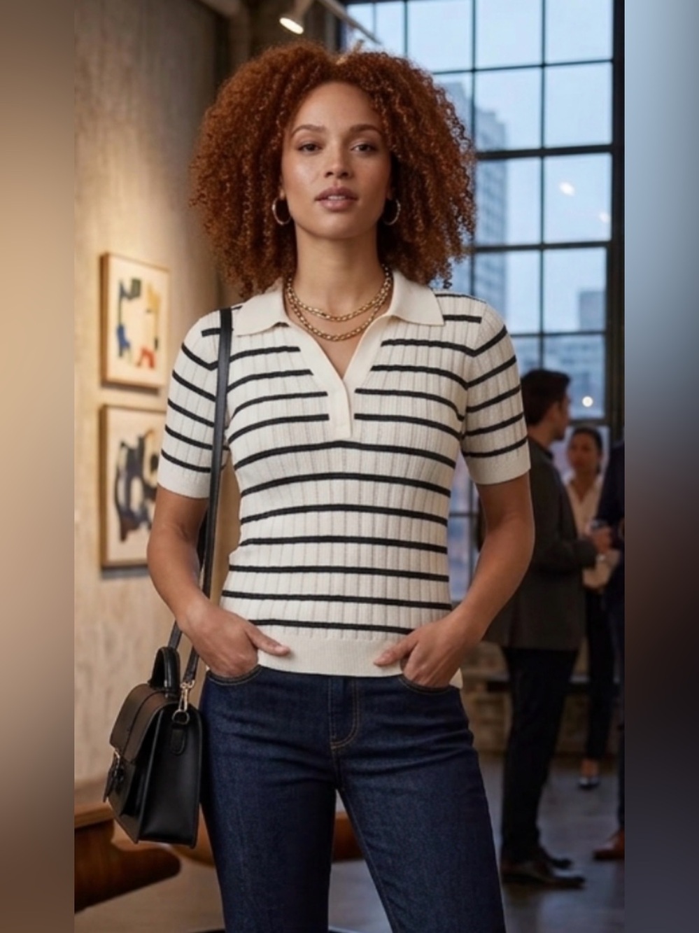 Adrianna Papell Cream Polo Top with Black Stripes